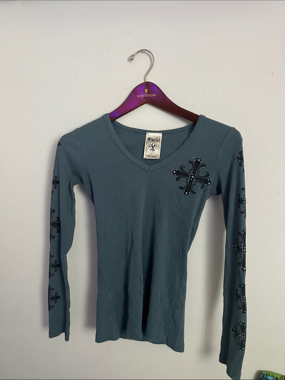 Vocal Teal Ribbed Crewneck Tee with Fleur Label